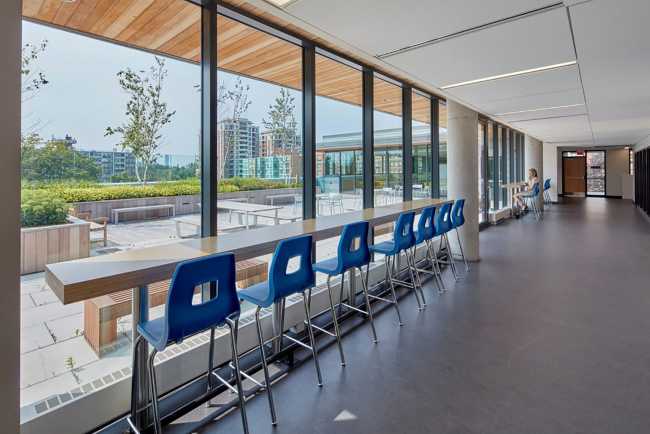 Vidriera terraza y asientos altos azules